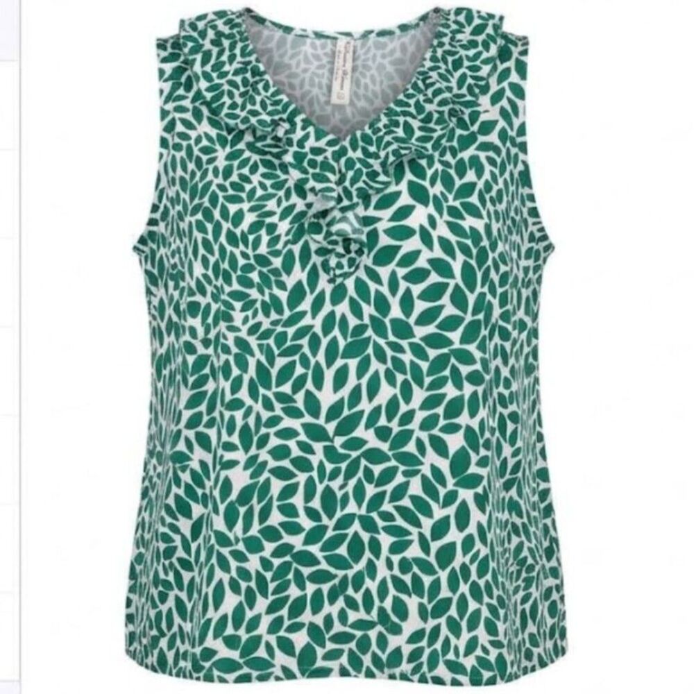 PerSeption Woman 2XL Blouse Green White Geometric Leaf Print Ruffle V-Neck Top N